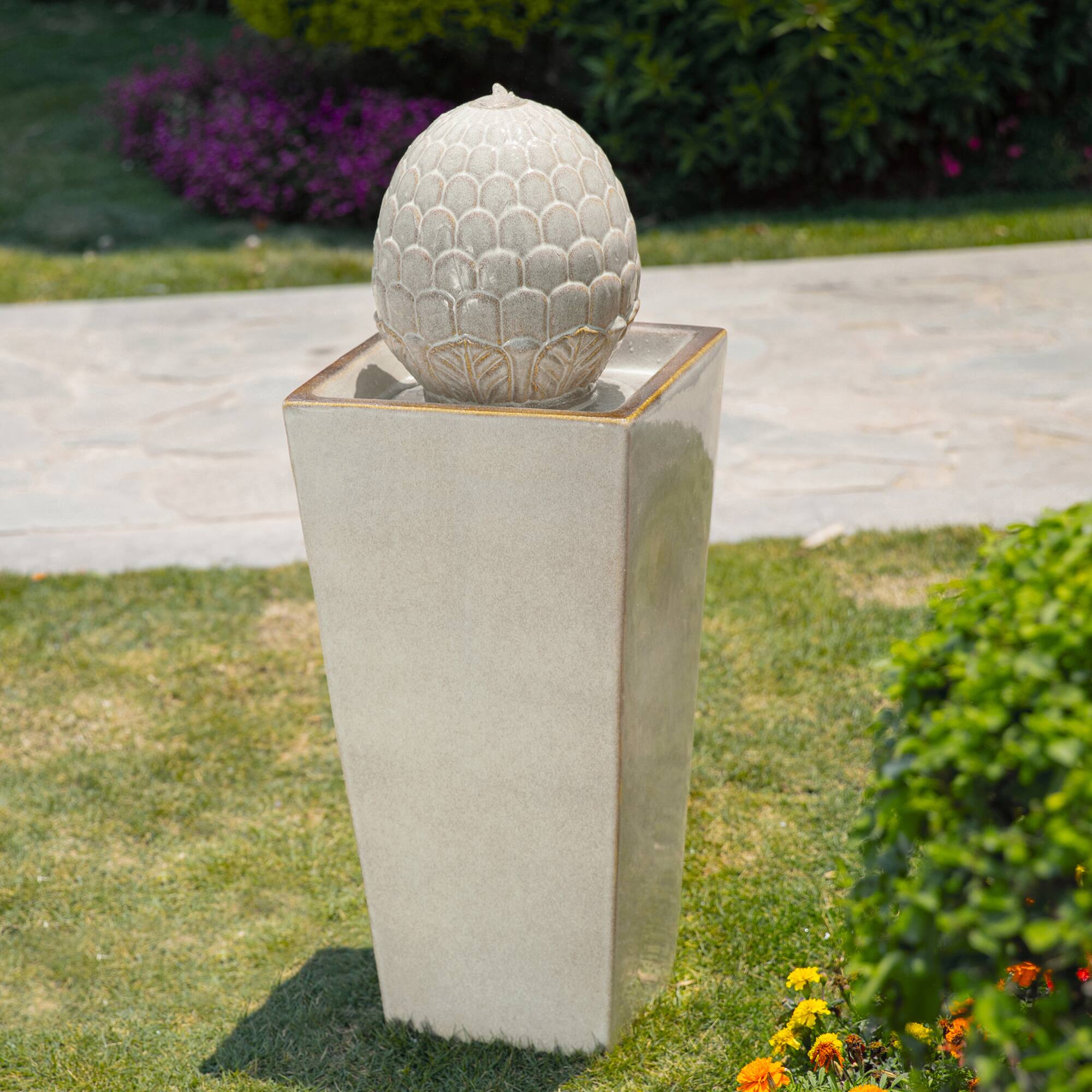 Glitzhome® 36" Oversized Sand Beige LED Ceramic Pedestal Fountain